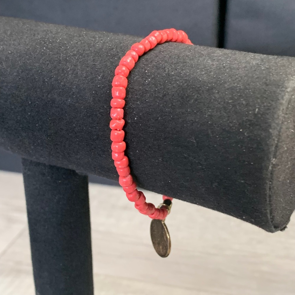 Coral Pink Seed Bead Stretch Bracelet with Gold Tone Coin Charm Boho Minimalist